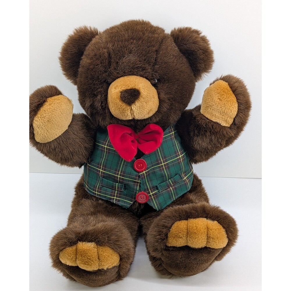 Vintage JCPenney 24in Holiday Teddy Bear Plaid Vest Red Bow Tie Plush